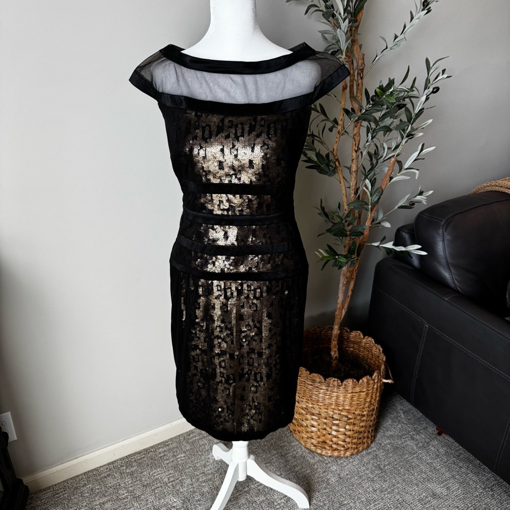 Tadashi Shoji Black and Gold Sequin Midi Dress